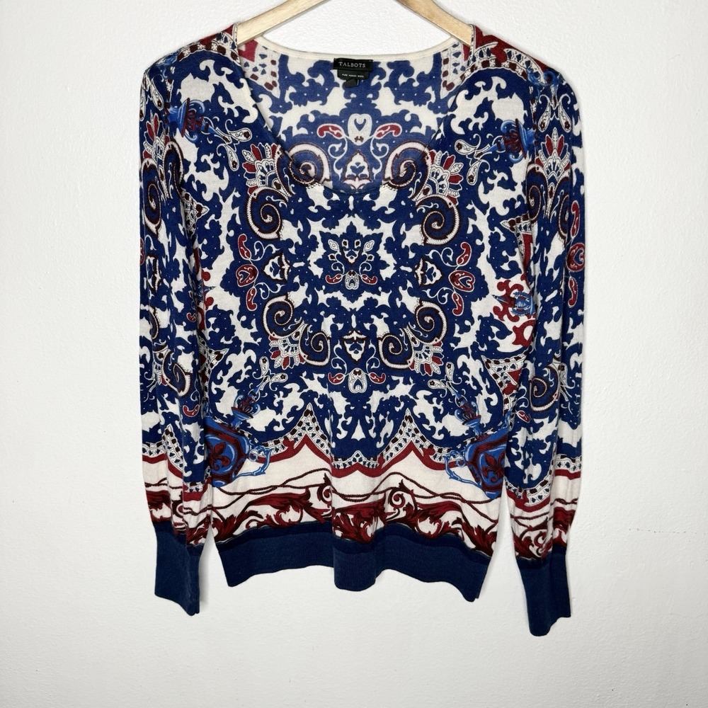 Talbots Merino Wool Medallion Print Red‎ Blue Long Sleeve Sweater Womens Medium